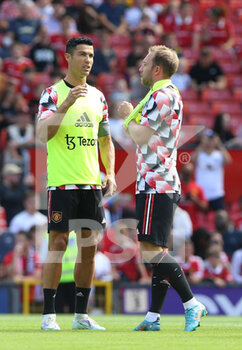 2022-08-01 - Manchester United Forward Cristiano Ronaldo (7) and Manchester United Midfielder Christian Eriksen (14) before the Pre-Season Friendly football match between Manchester United and Rayo Vallecano on July 31, 2022 at Old Trafford in Manchester, England - FOOTBALL - FRIENDLY GAME - MANCHESTER UNITED V RAYO VALLECANO - FRIENDLY MATCH - SOCCER
