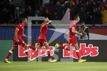 2022-09-27 - Montassar Talbi of Tunisia (right) celebrates his goal during the International friendly game, football match between Brazil and Tunisia on September 27, 2022 at Parc des Princes stadium in Paris, France - FOOTBALL - FRIENDLY GAME - BRAZIL V TUNISIA - FRIENDLY MATCH - SOCCER