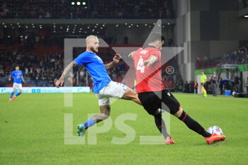 2022-11-16 - Federico Dimarco of Italy and Elseid Hysaj of Albania during the football friendly football game between the national teams of Albania and Italy, at Air Albania Stadium on 16 November 2022, Tirana, Albania. Photo Nderim Kaceli - ALBANIA VS ITALY - FRIENDLY MATCH - SOCCER