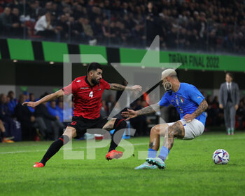 2022-11-16 - Elseid Hysaj of Albania and Federico Dimarco of Italy during the football friendly football game between the national teams of Albania and Italy, at Air Albania Stadium on 15 November 2022, Tirana, Albania.  Photo Nderim Kaceli - ALBANIA VS ITALY - FRIENDLY MATCH - SOCCER