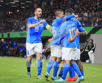2022-11-16 - Vincenzo Grifo of Italy celebrating with team mates after a goal during the football friendly football game between the national teams of Albania and Italy, at Air Albania Stadium on 16 November 2022, Tirana, Albania. Photo Nderim Kaceli - ALBANIA VS ITALY - FRIENDLY MATCH - SOCCER