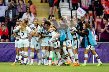 2022-07-13 - Portugal Forward Diana Silva (16) scores and celebrates 2-2 with team mates during the UEFA Women's Euro 2022, Group C football match between Netherlands and Portugal on July 13, 2022 at Leigh Sports Village in Leigh, England - FOOTBALL - WOMEN'S EURO 2022 - NETHERLANDS V PORTUGAL - UEFA EUROPEAN - SOCCER