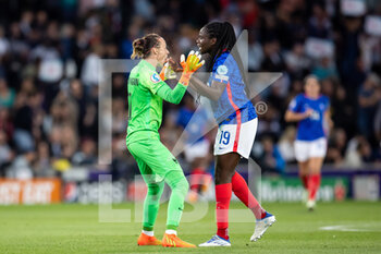 2022-07-27 - Pauline Peyraud-Magnin celebrates goal with Griedge Mbock Bathy of France after the 1-1 goal during the UEFA Women's Euro 2022, semi final football match between Germany and France on July 27, 2022 at stadium:mk in Milton Keynes, England - FOOTBALL - WOMEN'S EURO 2022 - 1/2 - GERMANY V FRANCE - UEFA EUROPEAN - SOCCER