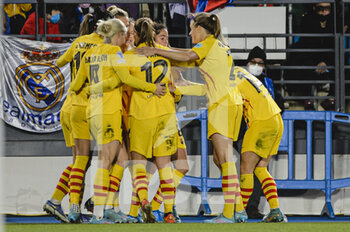 2022-03-22 - 20.03.2022, Madrid, Spain. Claudia Pina Futbol Club Barcelona  celebrates her goal with her teammates during the UEFA Women's Champions League match between Real Madrid and FC Barcelona at Estadio Alfredo Di Stefano on 20 March 2022 in Madrid Spain. - REAL MADRID VS FC BARCELONA - UEFA CHAMPIONS LEAGUE WOMEN - SOCCER