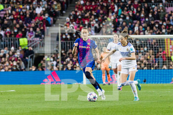 2022-03-30 - Olga Carmona of Real Madrid in action against Caroline Graham of FC Barcelona during the UEFA Women's Champions League, Quarter-finals, 2nd leg football match between FC Barcelona and Real Madrid CF on March 30, 2022 at Camp Nou stadium in Barcelona, Spain - FC BARCELONA VS REAL MADRID CF - UEFA CHAMPIONS LEAGUE WOMEN - SOCCER