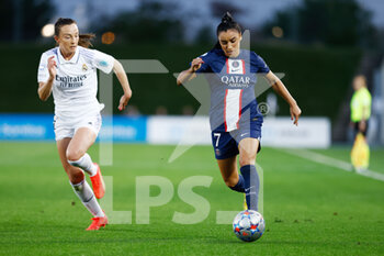 2022-10-26 - Sakina Karchaoui of PSG and Caroline Weir of Real Madrid during the UEFA Women’s Champions League, Group A football match between Real Madrid and Paris Saint-Germain on October 26, 2022 at Alfredo Di Stefano stadium in Valdebebas, Madrid, Spain - FOOTBALL - WOMEN'S CHAMPIONS LEAGUE - REAL MADRID V PARIS SG - UEFA CHAMPIONS LEAGUE WOMEN - SOCCER