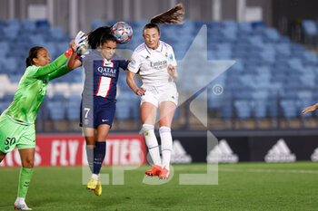 2022-10-26 - Caroline Weir of Real Madrid and Sakina Karchaoui, Sarah Bouhaddi of PSG during the UEFA Women’s Champions League, Group A football match between Real Madrid and Paris Saint-Germain on October 26, 2022 at Alfredo Di Stefano stadium in Valdebebas, Madrid, Spain - FOOTBALL - WOMEN'S CHAMPIONS LEAGUE - REAL MADRID V PARIS SG - UEFA CHAMPIONS LEAGUE WOMEN - SOCCER