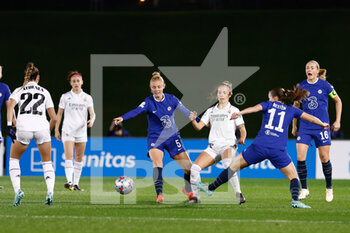 2022-12-08 - Claudia Zornoza of Real Madrid and Sophie Ingle, Guro Reiten of Chelsea during the UEFA Women's Champions League, Group A, football match between Real Madrid and Chelsea on December 8, 2022 at Alfredo di Stefano stadium in Valdebebas near Madrid, Spain - FOOTBALL - WOMEN'S CHAMPIONS LEAGUE - REAL MADRID V CHELSEA - UEFA CHAMPIONS LEAGUE WOMEN - SOCCER