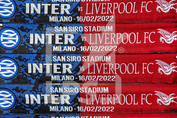 2022-02-16 - Illustration scarves, merchandising before the UEFA Champions League, Round of 16, 1st leg football match between FC Internazionale and Liverpool FC on February 16, 2022 at San Siro Stadium in Milan, Italy - INTER - FC INTERNAZIONALE VS LIVERPOOL FC - UEFA CHAMPIONS LEAGUE - SOCCER