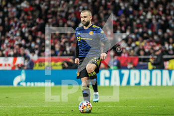 2022-02-23 - Luke Shaw of Manchester United during the UEFA Champions League, round of 16, 1st leg football match between Atletico de Madrid and Manchester United on February 23, 2022 in Madrid, Spain - ATLETICO DE MADRID VS MANCHESTER UNITED - UEFA CHAMPIONS LEAGUE - SOCCER