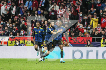 2022-02-23 - Anthony Elanga of Manchester United celebrates his goal 1-1 with Bruno Fernandes during the UEFA Champions League, round of 16, 1st leg football match between Atletico de Madrid and Manchester United on February 23, 2022 in Madrid, Spain - ATLETICO DE MADRID VS MANCHESTER UNITED - UEFA CHAMPIONS LEAGUE - SOCCER