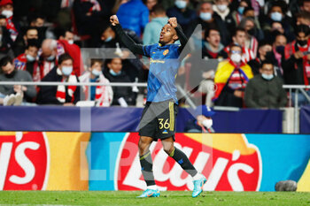 2022-02-23 - Anthony Elanga of Manchester United celebrates a goal 1-1 during the UEFA Champions League, round of 16, 1st leg football match between Atletico de Madrid and Manchester United on February 23, 2022 in Madrid, Spain - ATLETICO DE MADRID VS MANCHESTER UNITED - UEFA CHAMPIONS LEAGUE - SOCCER