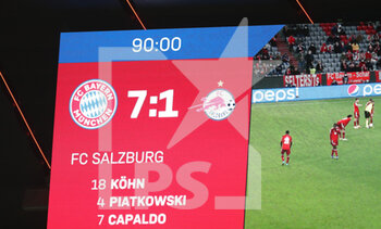 2022-03-08 - Illustration scoreboard at full time during the UEFA Champions League, Round of 16, 2nd leg football match between Bayern Munich and Red Bull Salzburg on March 8, 2022 at Allianz Arena in Munich, Germany - BAYERN MUNICH VS RED BULL SALZBURG - UEFA CHAMPIONS LEAGUE - SOCCER