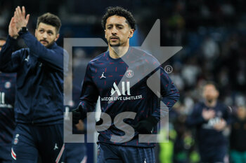 2022-03-09 - Marquinhos of PSG warms up during the UEFA Champions League, Round of 16, 2nd leg football match between Real Madrid and Paris Saint-Germain on March 9, 2022 at Santiago Bernabeu stadium in Madrid, Spain - REAL MADRID VS PARIS SAINT-GERMAIN - UEFA CHAMPIONS LEAGUE - SOCCER