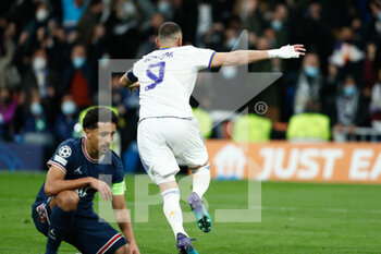 2022-03-09 - Karim Benzema of Real Madrid celebrates a goal during the UEFA Champions League, Round of 16, 2nd leg football match between Real Madrid and Paris Saint-Germain on March 9, 2022 at Santiago Bernabeu stadium in Madrid, Spain - REAL MADRID VS PARIS SAINT-GERMAIN - UEFA CHAMPIONS LEAGUE - SOCCER