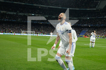 2022-03-09 - Karim Benzema of Real Madrid celebrates a goal during the UEFA Champions League, Round of 16, 2nd leg football match between Real Madrid and Paris Saint-Germain on March 9, 2022 at Santiago Bernabeu stadium in Madrid, Spain - REAL MADRID VS PARIS SAINT-GERMAIN - UEFA CHAMPIONS LEAGUE - SOCCER