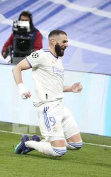 2022-03-09 - Karim Benzema of Real Madrid celebrates his goal during the UEFA Champions League, Round of 16, 2nd leg football match between Real Madrid and Paris Saint-Germain (PSG) on March 9, 2022 at Santiago Bernabeu stadium in Madrid, Spain - REAL MADRID VS PARIS SAINT-GERMAIN - UEFA CHAMPIONS LEAGUE - SOCCER