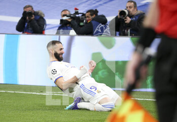 2022-03-09 - Karim Benzema of Real Madrid celebrates his second goal during the UEFA Champions League, Round of 16, 2nd leg football match between Real Madrid and Paris Saint-Germain (PSG) on March 9, 2022 at Santiago Bernabeu stadium in Madrid, Spain - REAL MADRID VS PARIS SAINT-GERMAIN - UEFA CHAMPIONS LEAGUE - SOCCER