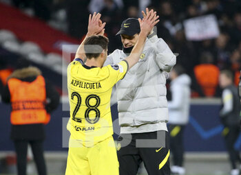 2022-03-16 - Coach of Chelsea Thomas Tuchel celebrate the victory and the qualification with Cesar Azpilicueta (left) following the UEFA Champions League, Round of 16, 2nd leg football match between Lille OSC (LOSC) and Chelsea on March 16, 2022 at Stade Pierre Mauroy in Villeneuve-d'Ascq near Lille, France - LOSC LILLE VS CHELSEA - UEFA CHAMPIONS LEAGUE - SOCCER