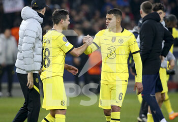 2022-03-16 - Cesar Azpilicueta, Thiago Silva of Chelsea celebrate the victory and the qualification following the UEFA Champions League, Round of 16, 2nd leg football match between Lille OSC (LOSC) and Chelsea on March 16, 2022 at Stade Pierre Mauroy in Villeneuve-d'Ascq near Lille, France - LOSC LILLE VS CHELSEA - UEFA CHAMPIONS LEAGUE - SOCCER
