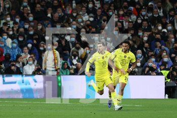 2022-04-12 - Mason Mount of Chelsea celebrates a goal during the UEFA Champions League, Quarter-finals, 2nd leg football match between Real Madrid and Chelsea on april 12, 2022 at Santiago Bernabeu stadium in Madrid, Spain - REAL MADRID VS CHELSEA - UEFA CHAMPIONS LEAGUE - SOCCER