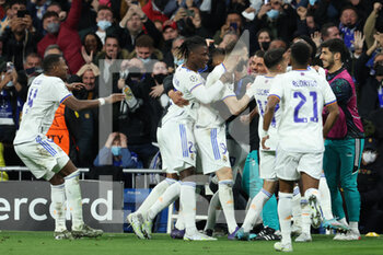 2022-04-12 - Karim Benzema of Real Madrid celebrates a goal during the UEFA Champions League, Quarter-finals, 2nd leg football match between Real Madrid and Chelsea on april 12, 2022 at Santiago Bernabeu stadium in Madrid, Spain - REAL MADRID VS CHELSEA - UEFA CHAMPIONS LEAGUE - SOCCER