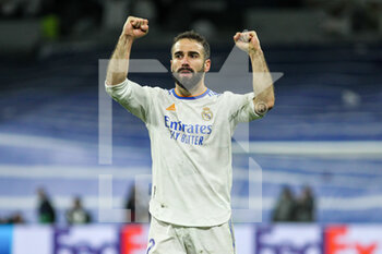 2022-04-12 - Daniel Carvajal of Real Madrid celebrates the victory during the UEFA Champions League, Quarter-finals, 2nd leg football match between Real Madrid and Chelsea on april 12, 2022 at Santiago Bernabeu stadium in Madrid, Spain - REAL MADRID VS CHELSEA - UEFA CHAMPIONS LEAGUE - SOCCER