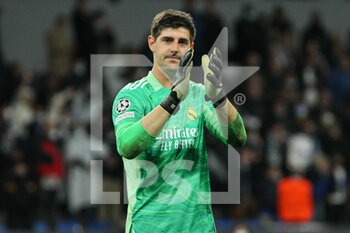 2022-04-12 - Thibaut Courtois of Real Madrid celebrates the victory during the UEFA Champions League, Quarter-finals, 2nd leg football match between Real Madrid and Chelsea on april 12, 2022 at Santiago Bernabeu stadium in Madrid, Spain - REAL MADRID VS CHELSEA - UEFA CHAMPIONS LEAGUE - SOCCER
