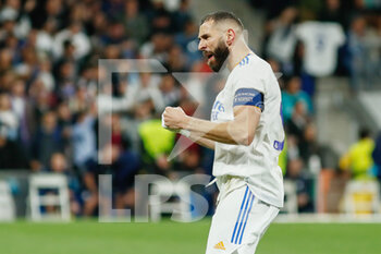 2022-05-04 - Karim Benzema of Real Madrid celebrates his goal 3-1 during the UEFA Champions League, Semi-finals, 2nd leg football match between Real Madrid and Manchester City on May 4, 2022 at the Santiago Bernabeu Stadium in Madrid, Spain - REAL MADRID VS MANCHESTER CITY - UEFA CHAMPIONS LEAGUE - SOCCER