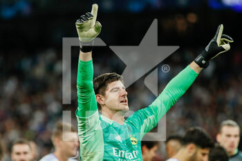 2022-05-04 - Thibaut Courtois of Real Madrid celebrates at full time during the UEFA Champions League, Semi-finals, 2nd leg football match between Real Madrid and Manchester City on May 4, 2022 at the Santiago Bernabeu Stadium in Madrid, Spain - REAL MADRID VS MANCHESTER CITY - UEFA CHAMPIONS LEAGUE - SOCCER