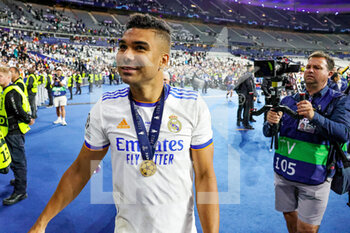 2022-05-28 - Casemiro (14) of Real Madrid celebrates at full time during the UEFA Champions League, Final football match between Liverpool FC and Real Madrid CF on May 28, 2022 at Stade de France in Saint-Denis near Paris, France - FOOTBALL - CHAMPIONS LEAGUE - FINAL - LIVERPOOL V REAL MADRID - UEFA CHAMPIONS LEAGUE - SOCCER