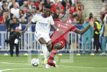 2022-05-28 - Vinicius Junior of Real Madrid, Ibrahima Konate of Liverpool during the UEFA Champions League Final football match between Liverpool FC and Real Madrid CF on May 28, 2022 at Stade de France in Saint-Denis near Paris, France - FOOTBALL - CHAMPIONS LEAGUE - FINAL - LIVERPOOL V REAL MADRID - UEFA CHAMPIONS LEAGUE - SOCCER