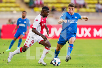 2022-08-02 - Eliot Matazo of AS Monaco, Guus Til of PSV Eindhoven during the UEFA Champions League, third qualifying round football match between AS Monaco and PSV Eindhoven on August 2, 2022 at Stade Louis II in Monaco, Monaco - FOOTBALL - CHAMPIONS LEAGUE - MONACO V PSV EINDHOVEN - UEFA CHAMPIONS LEAGUE - SOCCER