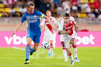 2022-08-02 - Luuk de Jong of PSV Eindhoven, Guillermo Maripan of AS Monaco during the UEFA Champions League, third qualifying round football match between AS Monaco and PSV Eindhoven on August 2, 2022 at Stade Louis II in Monaco, Monaco - FOOTBALL - CHAMPIONS LEAGUE - MONACO V PSV EINDHOVEN - UEFA CHAMPIONS LEAGUE - SOCCER