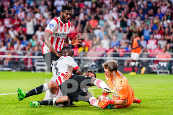 2022-08-09 - Ibrahim Sangare of PSV Eindhoven, Jordan Teze of PSV Eindhoven, Goalkeeper Alexander Nubel of AS Monaco during the UEFA Champions League, Third qualifying round, 2nd leg football match between PSV Eindhoven and AS Monaco on August 9, 2022 at Philips Stadion in Eindhoven, Netherlands - FOOTBALL - CHAMPIONS LEAGUE - PSV EINDHOVEN V MONACO - UEFA CHAMPIONS LEAGUE - SOCCER