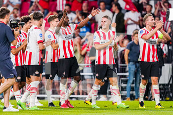 2022-08-09 - Ibrahim Sangare, Joey Veerman, Luuk de Jong of PSV Eindhoven celebrating victory during the UEFA Champions League, Third qualifying round, 2nd leg football match between PSV Eindhoven and AS Monaco on August 9, 2022 at Philips Stadion in Eindhoven, Netherlands - FOOTBALL - CHAMPIONS LEAGUE - PSV EINDHOVEN V MONACO - UEFA CHAMPIONS LEAGUE - SOCCER