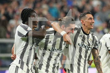 2022-10-05 - Adrien Rabiot (Juventus FC) celebrates the goal with Angel Di Maria ((Juventus FC) and Moise Kean (Juventus FC) - JUVENTUS FC VS MACCABI HAIFA - UEFA CHAMPIONS LEAGUE - SOCCER
