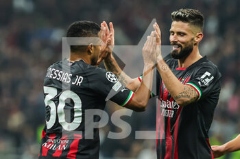 2022-11-02 - Junior Messias of AC Milan celebrates after scoring a goal with Olivier Giroud of AC Milan during UEFA Champions League 2022/23 Group Stage - Group E football match between AC Milan and FC Red Bull Salzburg at Giuseppe Meazza Stadium, Milan, Italy on November 02, 2022 - AC MILAN VS FC RED BULL SALZBURG - UEFA CHAMPIONS LEAGUE - SOCCER