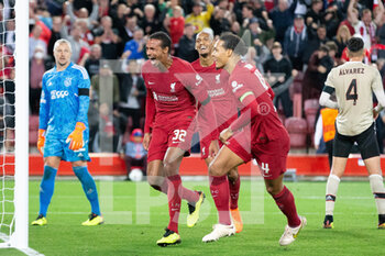 2022-09-13 - GOAL 2-1 Liverpool defender Joel Matip (32) scores and celebrates during the Champions League match between Liverpool and Ajax at Anfield, Liverpool, England on 13 September 2022. Photo Ian Stephen / ProSportsImages / DPPI - FOOTBALL - CHAMPIONS LEAGUE - LIVERPOOL V AJAX - UEFA CHAMPIONS LEAGUE - SOCCER