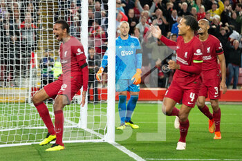 2022-09-13 - GOAL 2-1 Liverpool defender Joel Matip (32) scores and celebrates during the Champions League match between Liverpool and Ajax at Anfield, Liverpool, England on 13 September 2022. Photo Ian Stephen / ProSportsImages / DPPI - FOOTBALL - CHAMPIONS LEAGUE - LIVERPOOL V AJAX - UEFA CHAMPIONS LEAGUE - SOCCER
