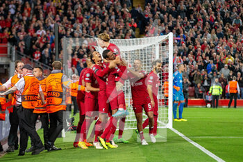 2022-09-13 - GOAL 2-1 Liverpool defender Joel Matip (32) scores and celebrates with Liverpool defender Kostas Tsimikas (21) during the Champions League match between Liverpool and Ajax at Anfield, Liverpool, England on 13 September 2022. Photo Ian Stephen / ProSportsImages / DPPI - FOOTBALL - CHAMPIONS LEAGUE - LIVERPOOL V AJAX - UEFA CHAMPIONS LEAGUE - SOCCER