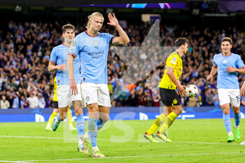 2022-09-14 - Goal 2-1 Erling Haaland (9) of Manchester City scores a goal and celebrates with consideration during the Champions League match between Manchester City and Borussia Dortmund at the Etihad Stadium, Manchester, England on 14 September 2022. Photo Nigel Keene/ ProSportsImages / DPPI - FOOTBALL - CHAMPIONS LEAGUE - MANCHESTER CITY V BORUSSIA DORTMUND - UEFA CHAMPIONS LEAGUE - SOCCER