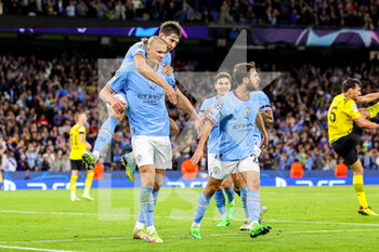 2022-09-14 - Goal 2-1 Erling Haaland (9) of Manchester City scores a goal and celebrates during the Champions League match between Manchester City and Borussia Dortmund at the Etihad Stadium, Manchester, England on 14 September 2022. Photo Nigel Keene/ ProSportsImages / DPPI - FOOTBALL - CHAMPIONS LEAGUE - MANCHESTER CITY V BORUSSIA DORTMUND - UEFA CHAMPIONS LEAGUE - SOCCER