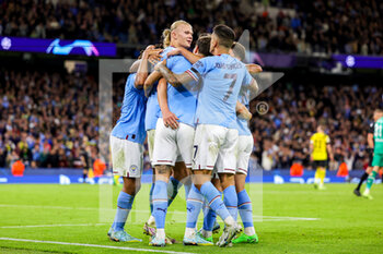 2022-09-14 - Goal 2-1 Erling Haaland (9) of Manchester City scores a goal and celebrates with consideration during the Champions League match between Manchester City and Borussia Dortmund at the Etihad Stadium, Manchester, England on 14 September 2022. Photo Nigel Keene/ ProSportsImages / DPPI - FOOTBALL - CHAMPIONS LEAGUE - MANCHESTER CITY V BORUSSIA DORTMUND - UEFA CHAMPIONS LEAGUE - SOCCER