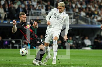 2022-09-14 - David Raum of Leipzig and Federico Valverde of Real Madrid during the UEFA Champions League, Group F, football match played between Real Madrid and RB Leipzig at Santiago Bernabeu on September 14, 2022 in Madrid, Spain. Photo Irina R.Hipolito / SpainDPPI / DPPI - FOOTBALL - CHAMPIONS LEAGUE - REAL MADRID V  LEIPZIG - UEFA CHAMPIONS LEAGUE - SOCCER
