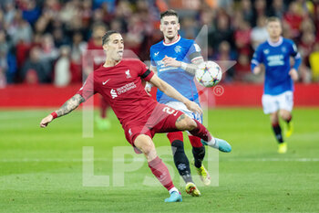 2022-10-04 - Liverpool defender Kostas Tsimikas (21) during the UEFA Champions League, Group A football match between Liverpool and Rangers on October 4, 2022 at Anfield stadium in Liverpool, England - FOOTBALL - CHAMPIONS LEAGUE - LIVERPOOL V RANGERS - UEFA CHAMPIONS LEAGUE - SOCCER