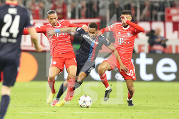 2022-10-04 - Leroy Sane of Bayern Munich, Jhon Mosquera of Viktoria Plzen, Noussair Mazraoui of Bayern Munich during the UEFA Champions League, Group C football match between Bayern Munich and Viktoria Pilsen on October 4, 2022 at Allianz Arena in Munich, Germany - FOOTBALL - CHAMPIONS LEAGUE - BAYERN MUNICH V VIKTORIA PLZEN - UEFA CHAMPIONS LEAGUE - SOCCER