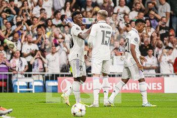 2022-10-05 - Vinicius Junior of Real Madrid celebrates a goal 2-0 during the UEFA Champions League, Group F, football match between Real Madrid and Shakhtar Donetsk on October 5, 2022 at Santiago Bernabeu stadium in Madrid, Spain - FOOTBALL - CHAMPIONS LEAGUE - REAL MADRID V SHAKHTAR DONETSK - UEFA CHAMPIONS LEAGUE - SOCCER