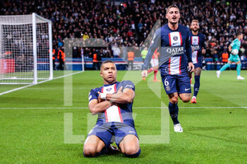 2022-10-11 - Kylian Mbappe of PSG celebrates after his goal during the UEFA Champions League, Group H football match between Paris Saint-Germain and SL Benfica on October 11, 2022 at Parc des Princes stadium in Paris, France - FOOTBALL - CHAMPIONS LEAGUE - PARIS SG V BENFICA - UEFA CHAMPIONS LEAGUE - SOCCER