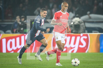 2022-10-11 - Joao MARIO of Benfica and Marco VERRATTI of PSG during the UEFA Champions League, Group H football match between Paris Saint-Germain and SL Benfica on October 11, 2022 at Parc des Princes stadium in Paris, France - FOOTBALL - CHAMPIONS LEAGUE - PARIS SG V BENFICA - UEFA CHAMPIONS LEAGUE - SOCCER